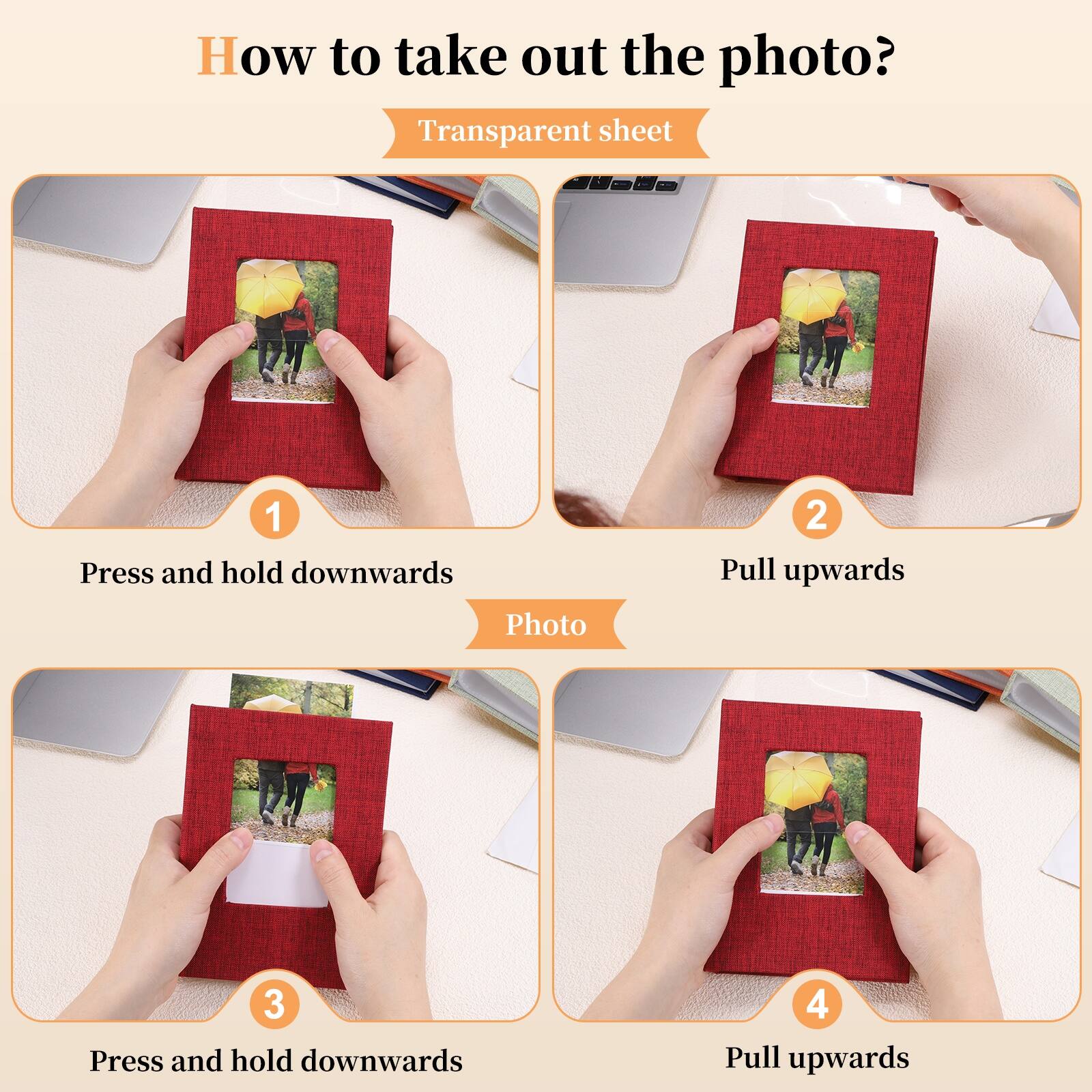 How to take out the photo? Transparent sheet

1. Press and hold downwards
2. Pull upwards
3. Press and hold downwards
4. Pull upwards