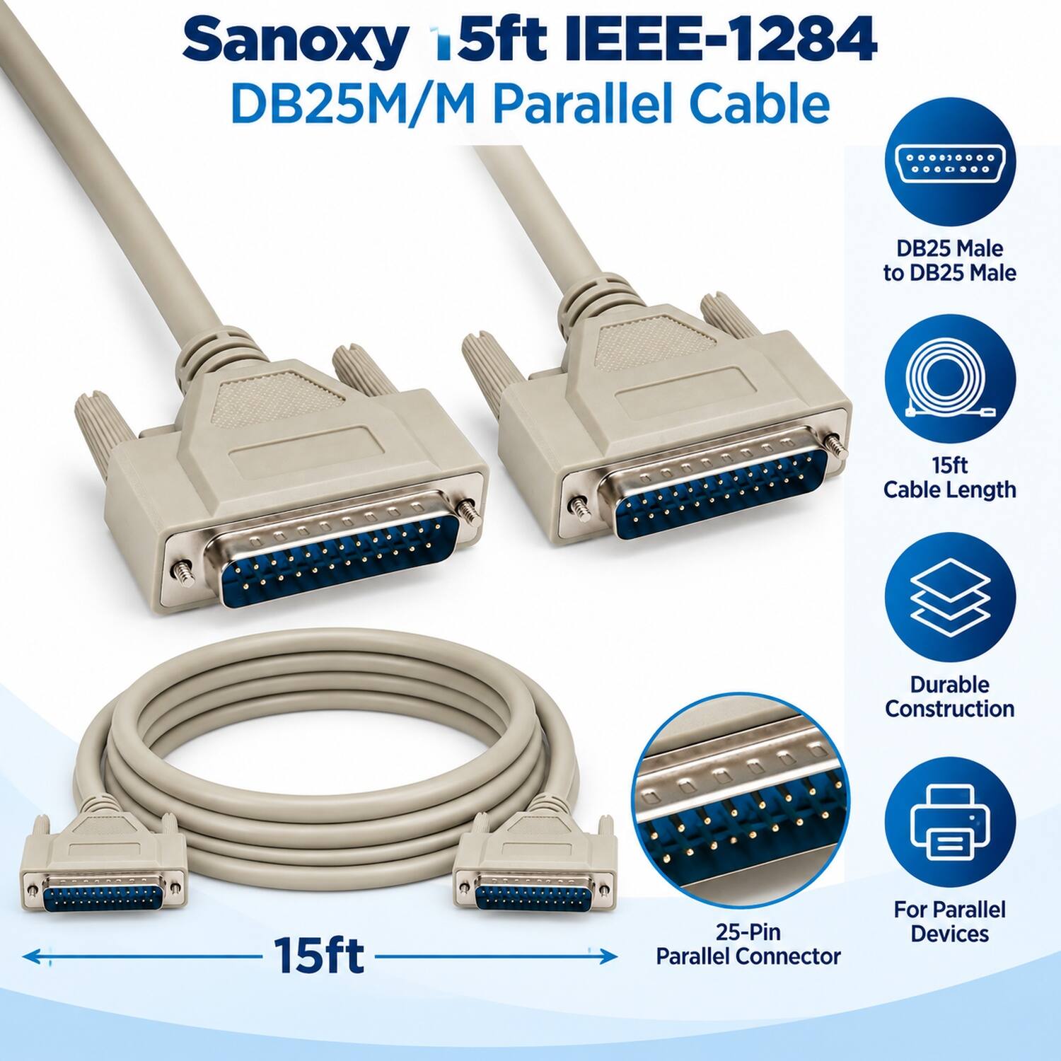 Sanoxy 15ft IEEE-1284 DB25M/M Parallel Cable

- DB25 Male to DB25 Male
- 15ft Cable Length
- Durable Construction
- 15ft
- 25-Pin Parallel Connector
- For Parallel Devices