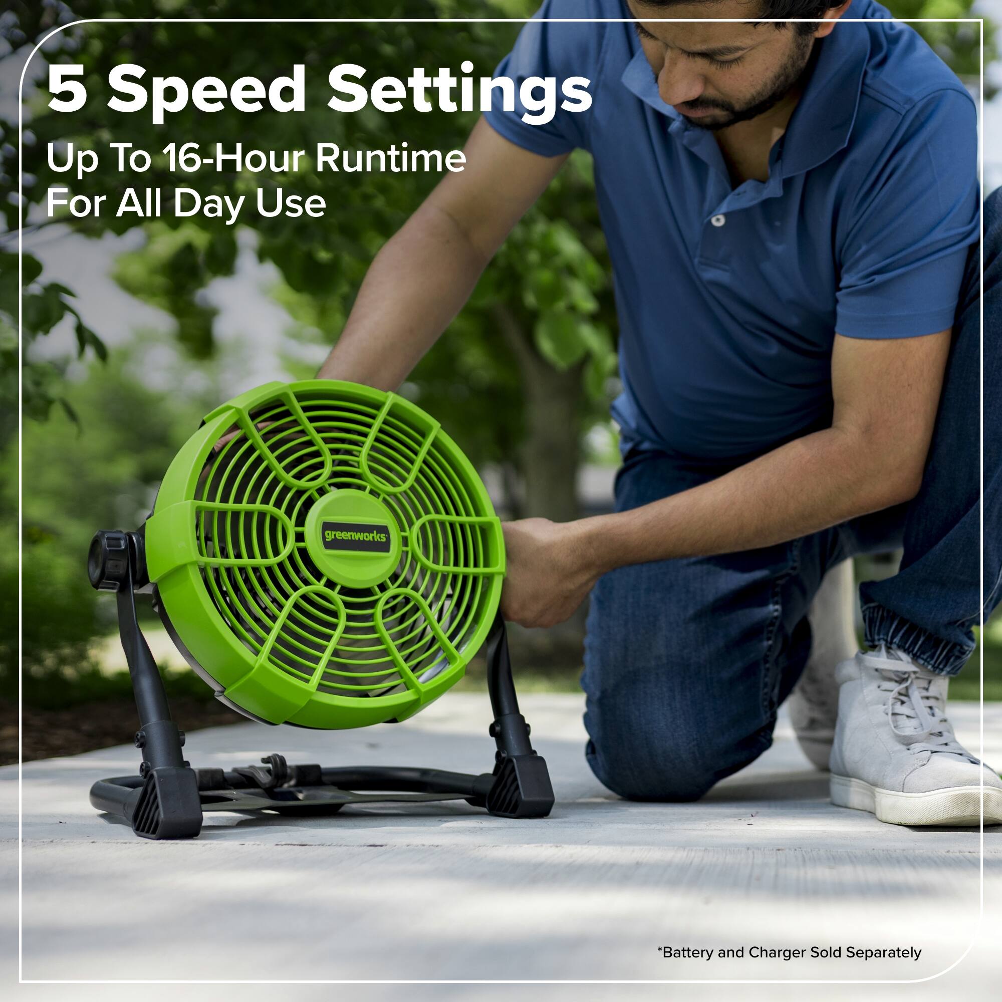 5 Speed Settings  
Up To 16-Hour Runtime For All Day Use  
greenworks  
*Battery and Charger Sold Separately