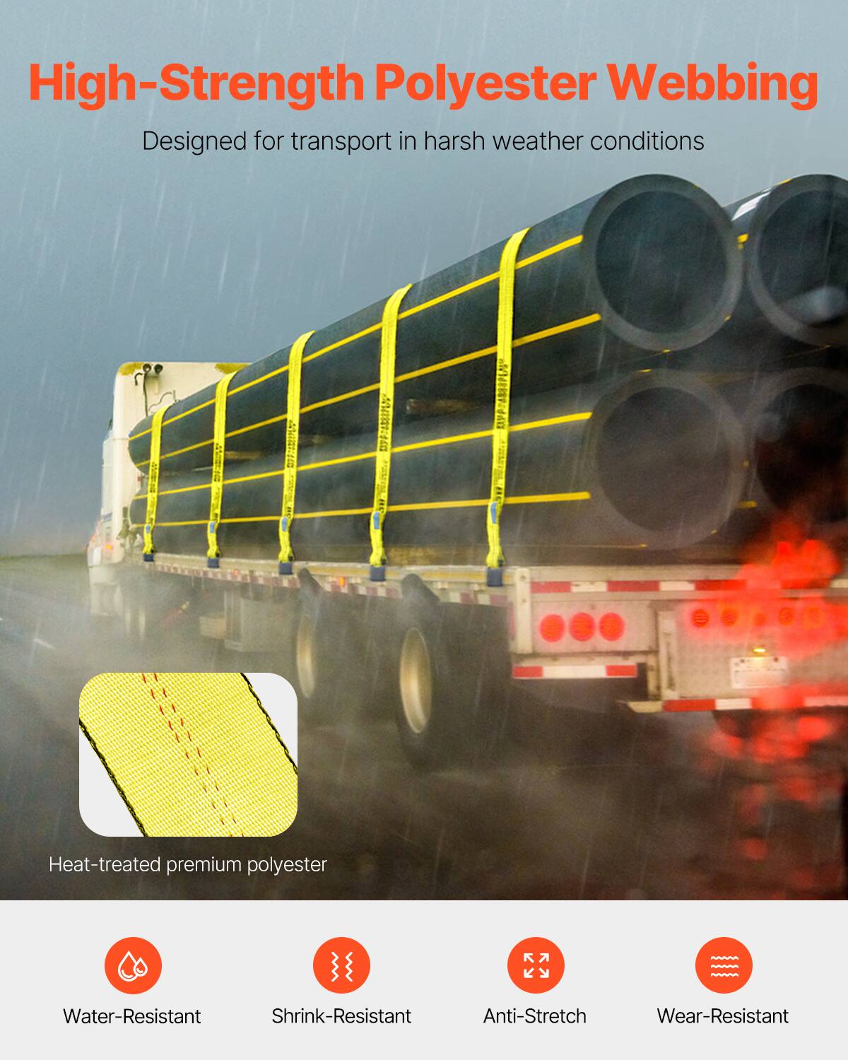 High-Strength Polyester Webbing  
Designed for transport in harsh weather conditions  

Heat-treated premium polyester  

Water-Resistant  
Shrink-Resistant  
Anti-Stretch  
Wear-Resistant