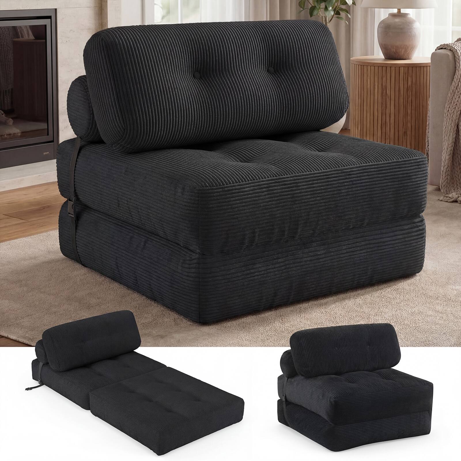 Alt View 1. Costway - Costway Folding Sofa Bed, Convertible Sleeper Chair with Pillow Back Support Corduroy Cover - Black.