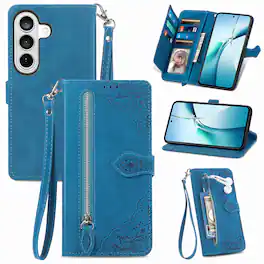 Dteck - for Samsung Galaxy S26+ Slim Wallet Case,Folio Shockproof PU Leather Card Holder Cover with Zipper Pocket & Wrist Strap - Blue
