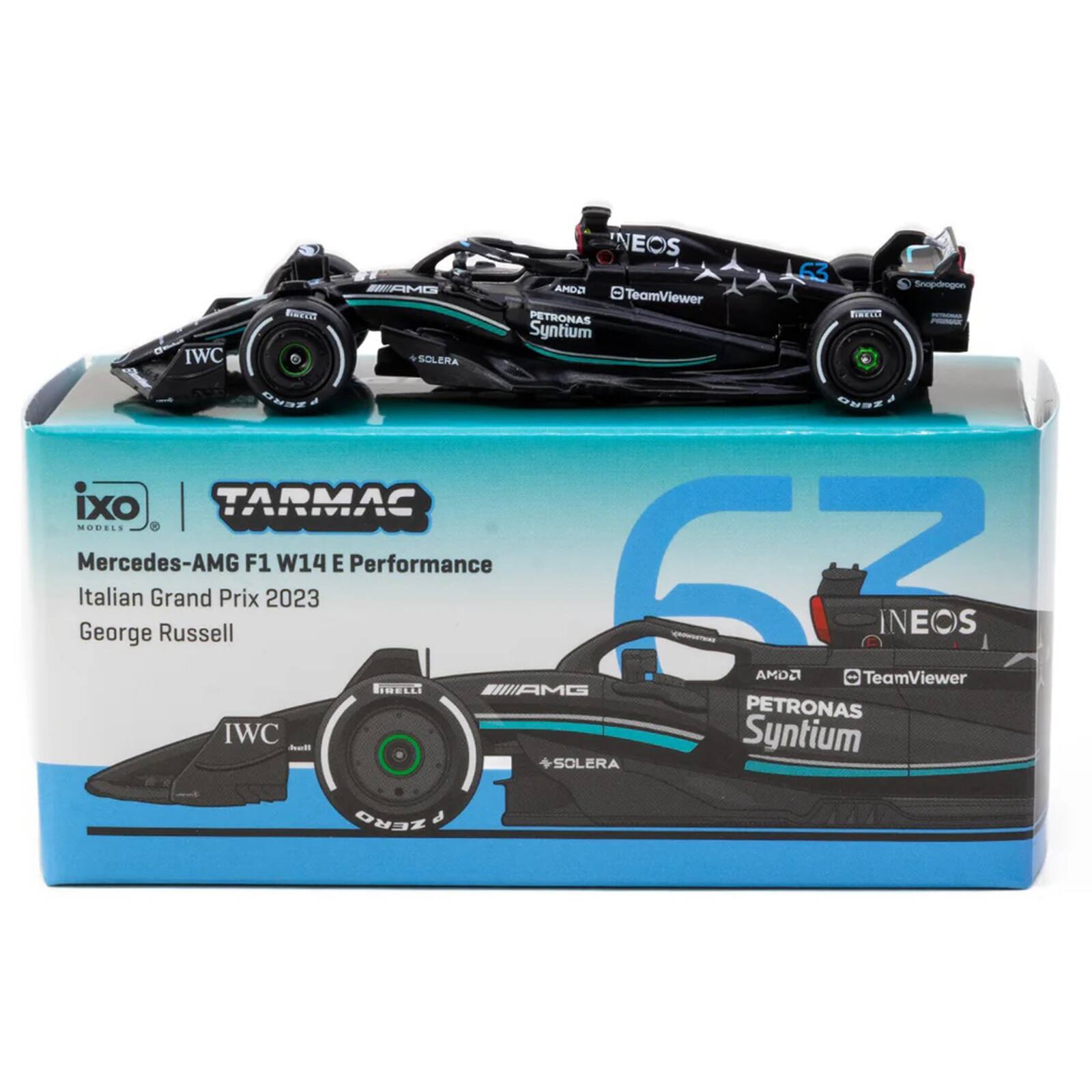NEOS S 63 MAMO ANDO Snopdrogon TeamViewer Feen FIEE PETRONAS Syntium IWC +SCLERA DUNE - SERD o ixo TARMAC MODELS 8 Mercedes-AMG F1 W14 E Performance Italian George Grand Russell Prix 2023 SZ GOMA TeamViewer INEOS Bweca WAMG PETRONAS IWC Syntium SOLERA ZERO