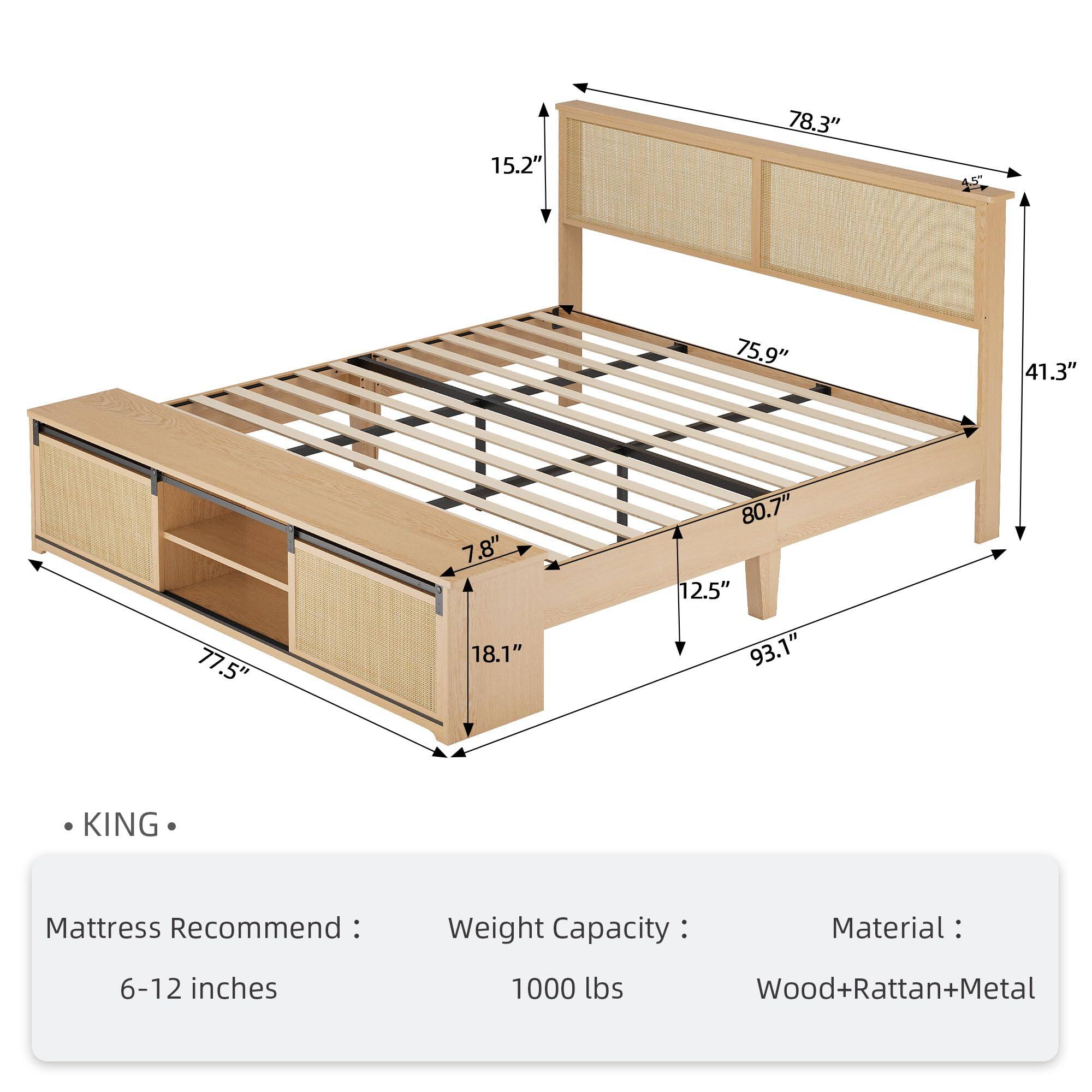 15.2"  
78.3"  
45"  
75.9"  
41.3"  
7.8"  
80.7"  
12.5"  
77.5"  
18.1"  
93.1"  

KING  

Mattress Recommend: 6-12 inches  
Weight Capacity: 1000 lbs  
Material: Wood+Rattan+Metal
