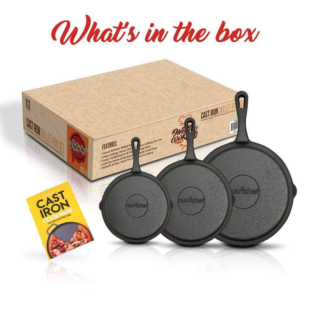 What's in the box

CAST IRON SKILLET PAN SET

FEATURES:
- Classic, Heavy-Duty Cast Iron
- Long-Lasting, Non-Stick Prep Kitchen
- Pre-Seasoned for Easy Cleaning
- Smooth & Non-Stick Cooking
- Classic, Heavy-Duty Cast Iron
- Long-Lasting, Non-Stick Prep Kitchen
- Pre-Seasoned for Easy Cleaning
- Smooth & Non-Stick Cooking

CAST IRON COOKWARE
THE CARE & CLEANING GUIDE