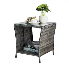 Winado - 18in Wicker Side Table with Tempered Glass Top, Storage Rattan End Table for Indoor Outdoor Garden Balcony Porch Deck - Gray