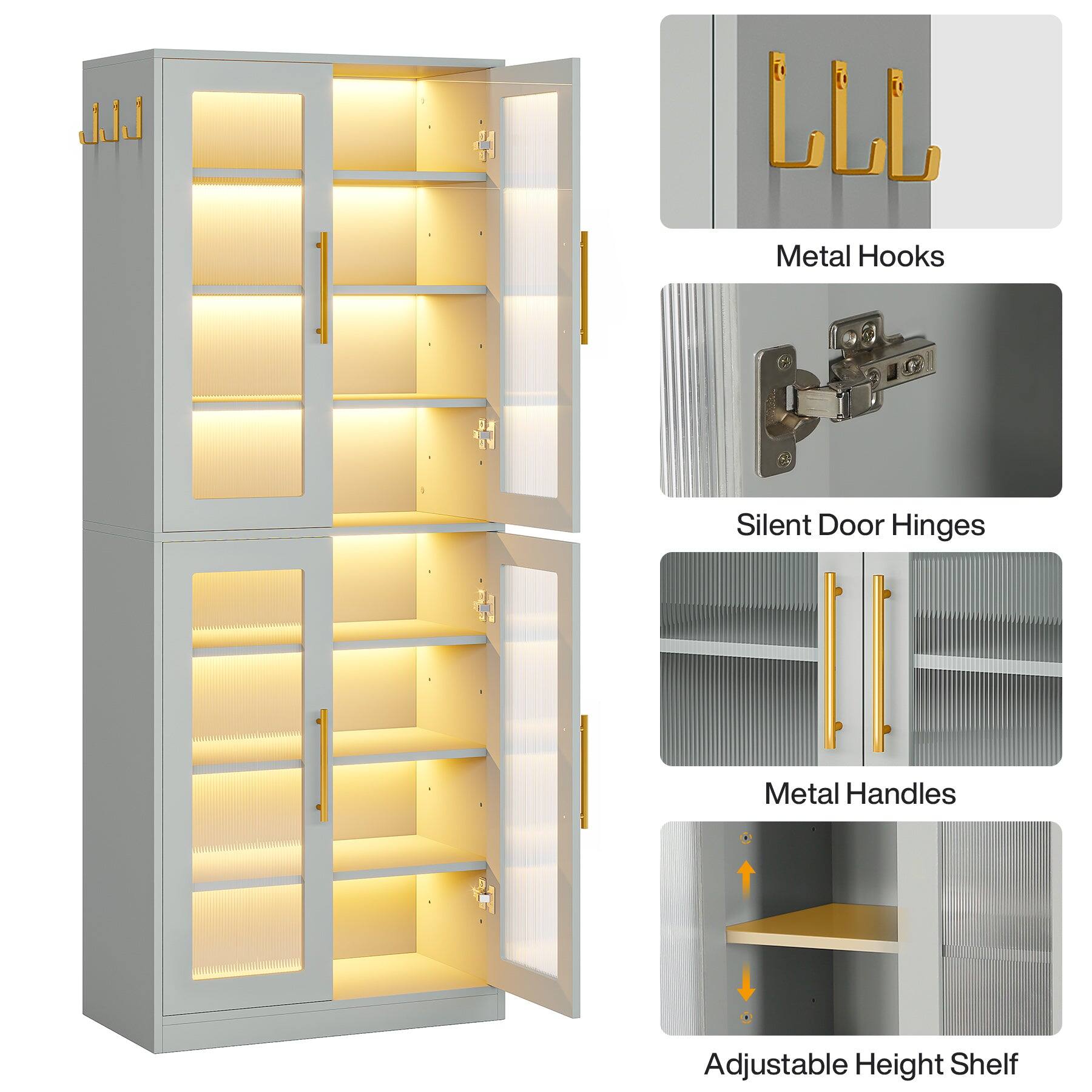 Metal Hooks  
Silent Door Hinges  
Metal Handles  
Adjustable Height Shelf