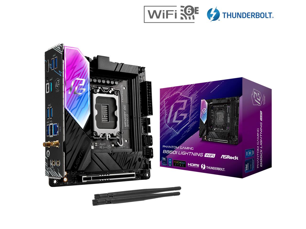 6 WiFi 6E THUNDERBOLT - HI PIS 1 Jack DITDR OC Il G MEMORY SHIELD 2ng RoHS UK OD FC=c FC 8o CR Gan T PHANTOM GAMING LIGHTNING B860 LIGHTNING ING M.2 M WiFi /SRock S O POOCHROME SYNC I N HamI THUNDERBOLT. Z 2OL LM GAMING LIGHTNING - o coNe PHANTOM B860 S