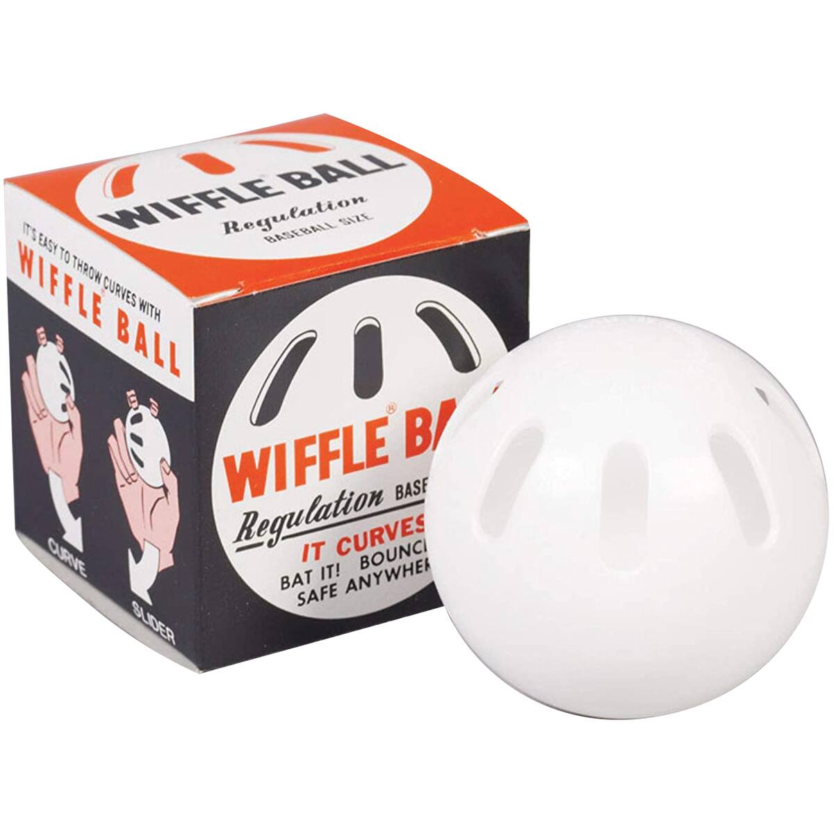 WIFFLE BALL  
Regulation BASEBALL SIZE  

IT'S EASY TO THROW CURVES WITH WIFFLE BALL  

WIFFLE BALL  
Regulation BASEBALL SIZE  

IT CURVES! BAT IT! BOUNCES! SAFE ANYWHERE