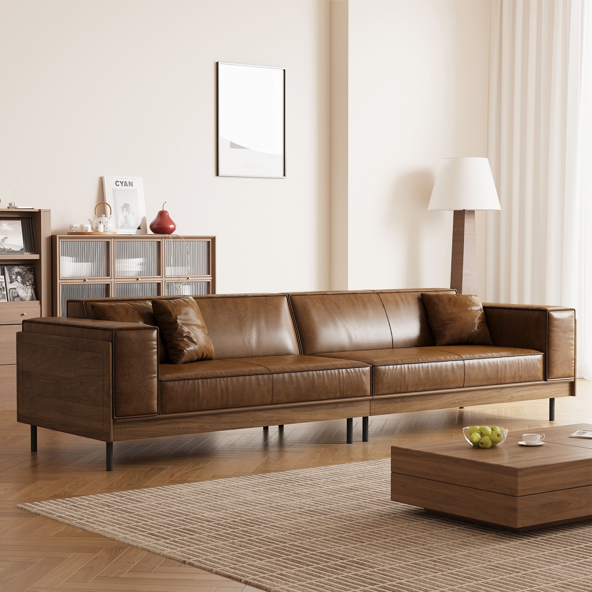 Front. luck idea - Mid-century Modern Leather Sofa With Wooden Accents, 4-seater Living Room Couch With 3 Throw Pillows - Brown.