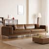Front. luck idea - Mid-century Modern Leather Sofa With Wooden Accents, 4-seater Living Room Couch With 3 Throw Pillows - Brown.