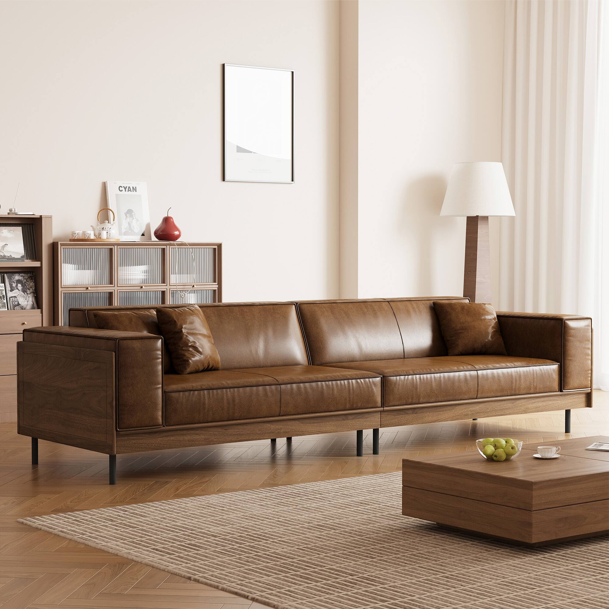 Front. luck idea - Mid-century Modern Leather Sofa With Wooden Accents, 4-seater Living Room Couch With 3 Throw Pillows - Brown.