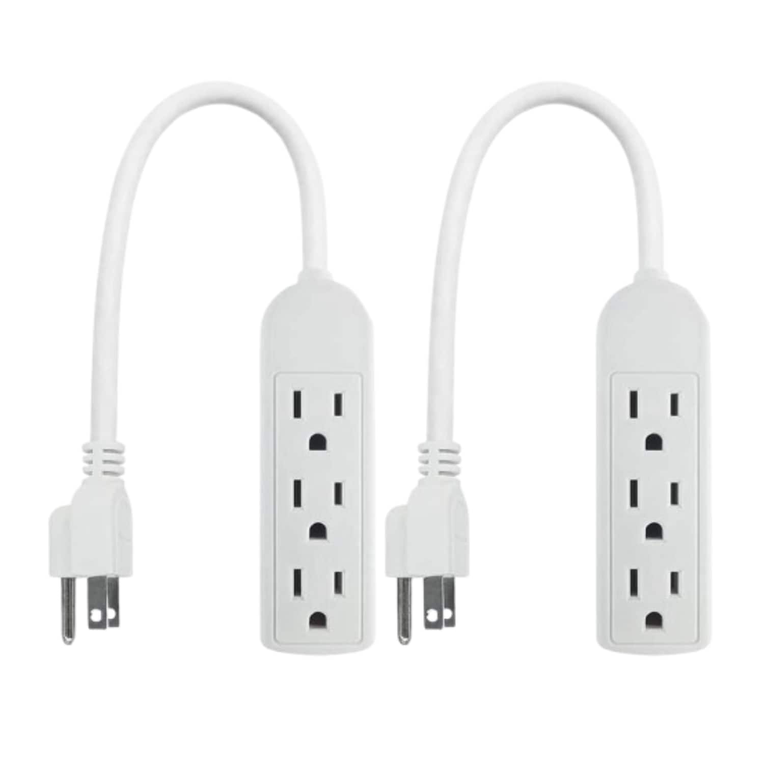 Home Collection - 2 Pack Multi Plug Extension Cord 3 Outlet Power Strip with Grounded Adapter - White