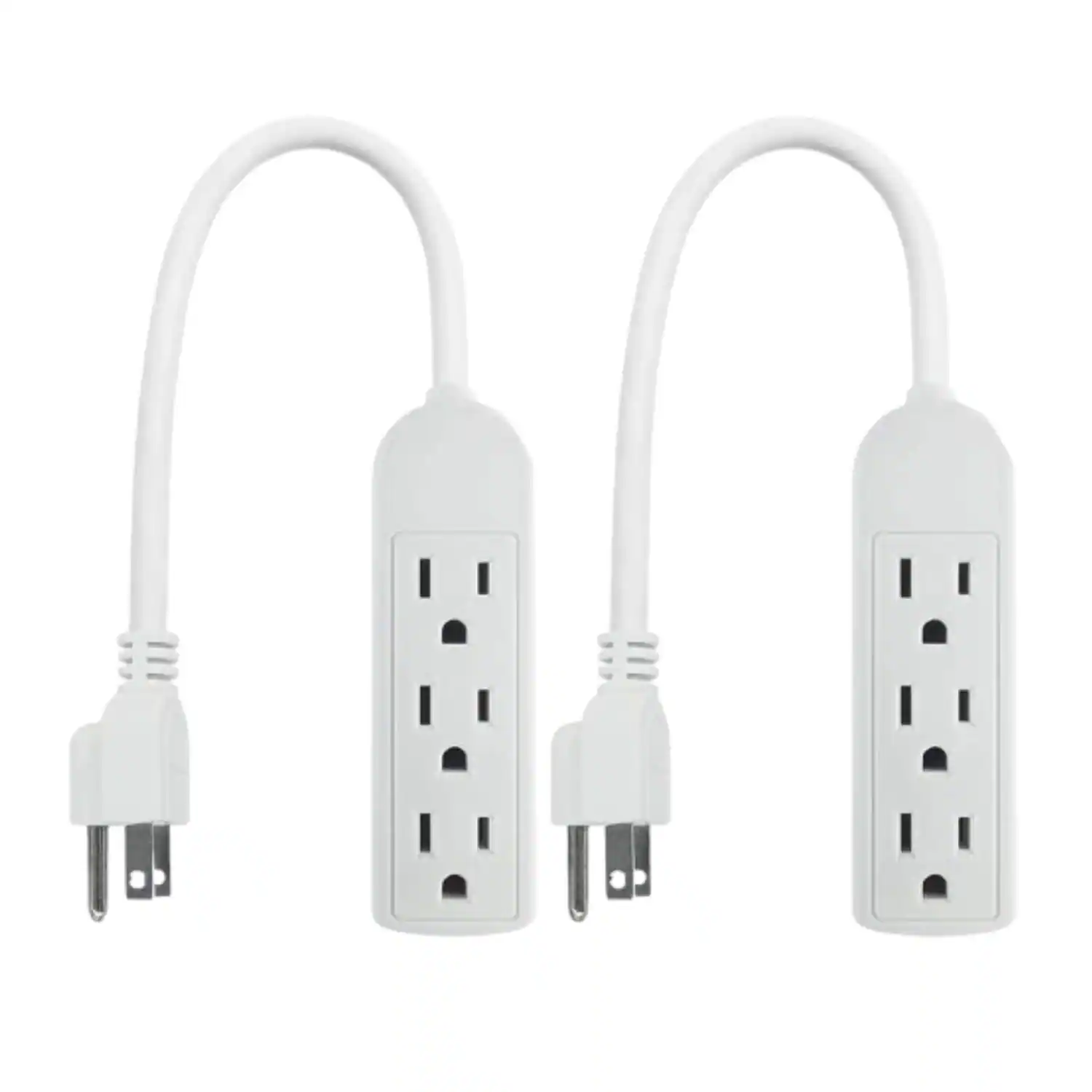 Home Collection - 2 Pack Multi Plug Extension Cord 3 Outlet Power Strip with Grounded Adapter - White