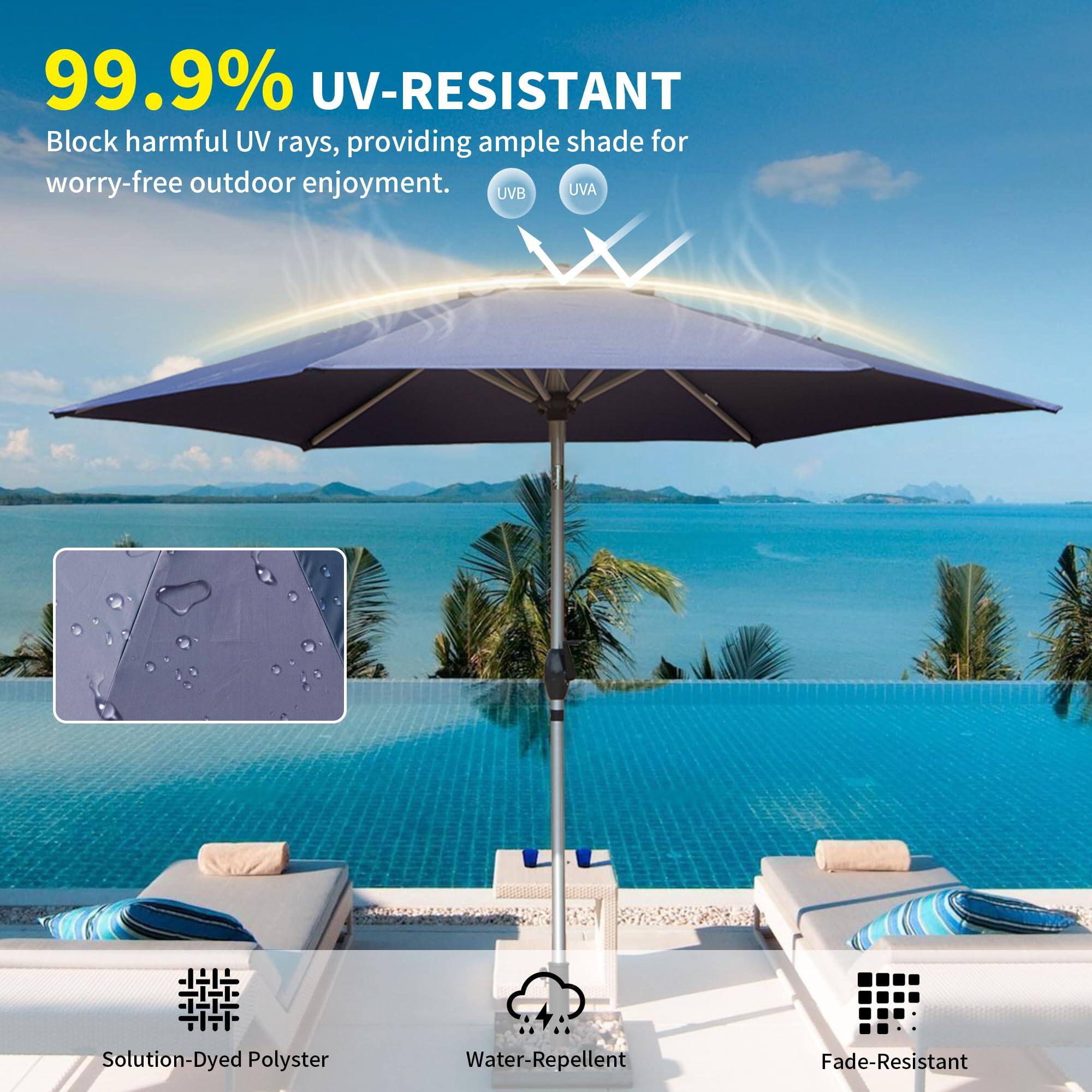99.9% UV-RESISTANT  
Block harmful UV rays, providing ample shade for worry-free outdoor enjoyment.  

Solution-Dyed Polyester  
Water-Repellent  
Fade-Resistant