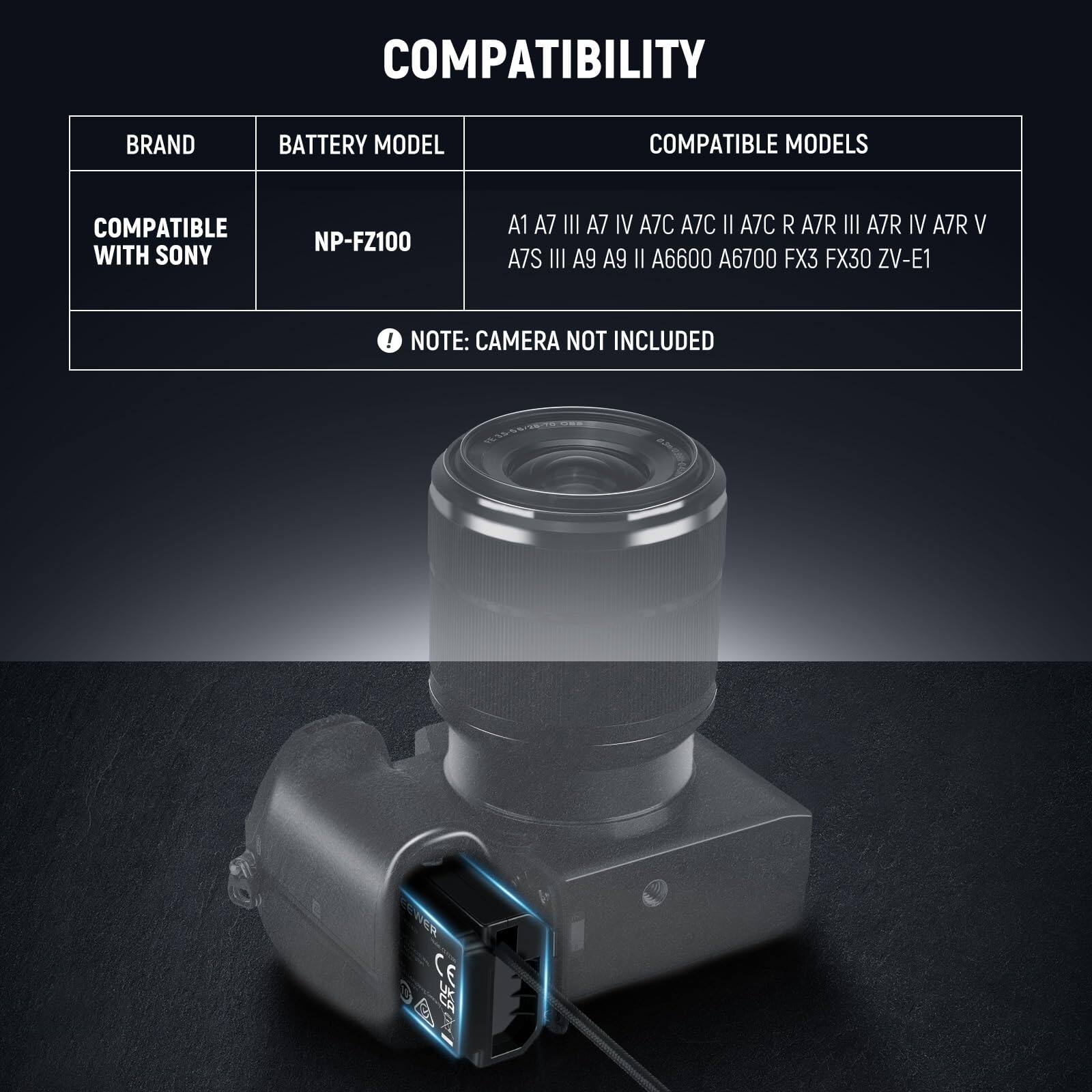 COMPATIBILITY

BRAND | BATTERY MODEL | COMPATIBLE MODELS

COMPATIBLE WITH SONY | NP-FZ100 | A1 A7 III A7 IV A7C A7C II A7C R A7R III A7R IV A7R V A7S III A9 A9 II A6600 A6700 FX3 FX30 ZV-E1

NOTE: CAMERA NOT INCLUDED