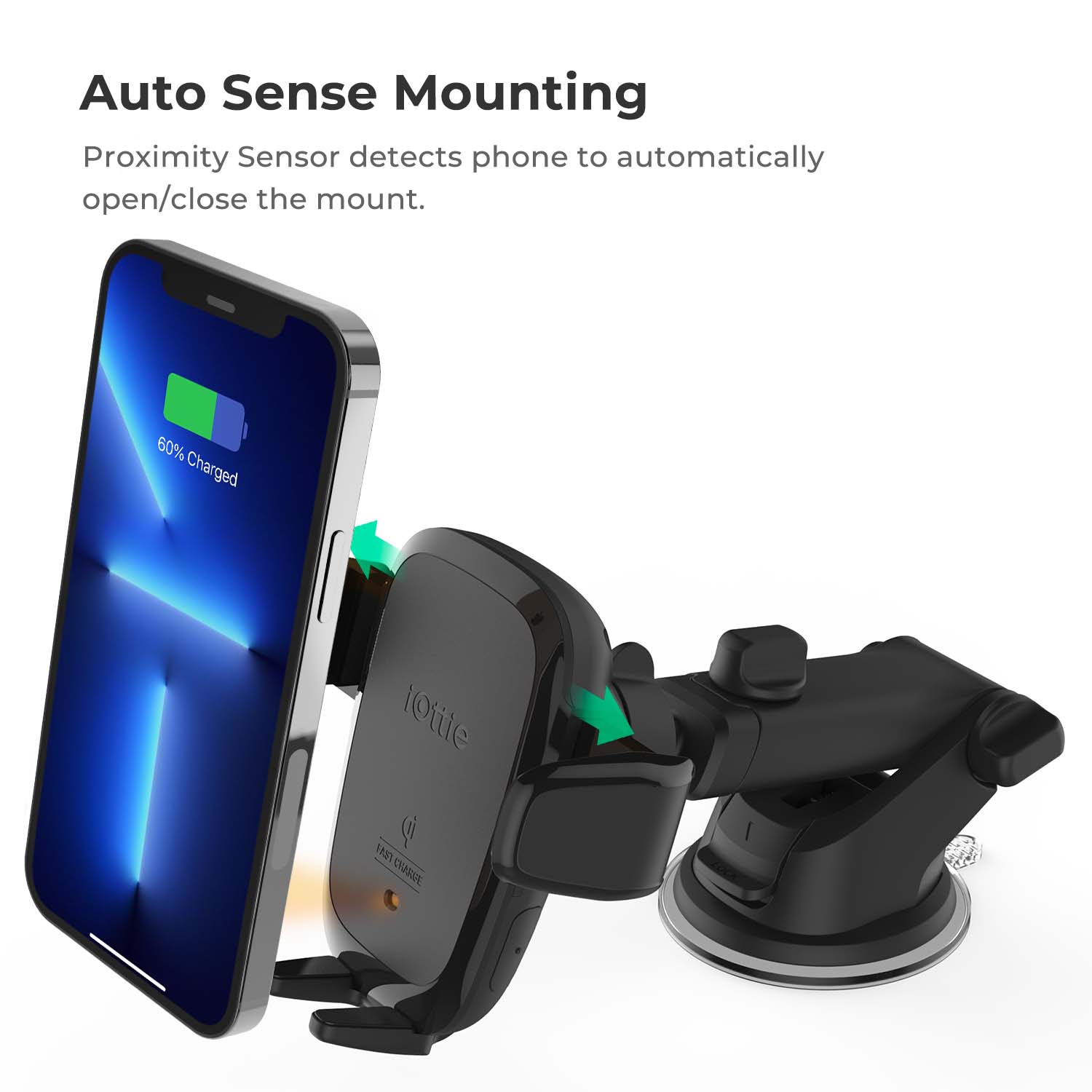 The image showcases a cell phone mounted on a stand, which is designed to automatically open or close when a proximity sensor detects the phone. The phone is currently 60% charged, and the stand is made by iOttie.