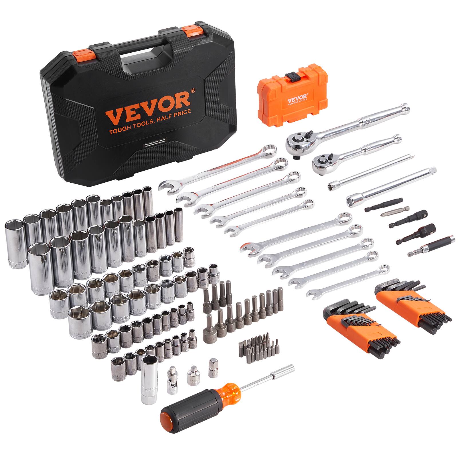 VEVOR - Mechanics Tool and Socket Set, 1/4" and 3/8" Drive Deep and Standard Sockets, 145 Pcs SAE and Metric Mechanic Tool Kit - Black