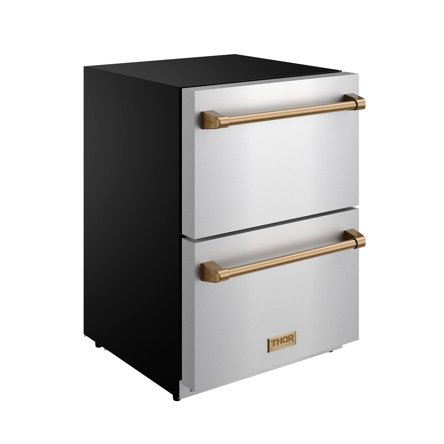 Left. Thor Kitchen - Gordon Ramsay Series by Thor Kitchen 24 Inch Indoor Outdoor Freezer Drawers with Bronze Hardware - Stainless Steel.