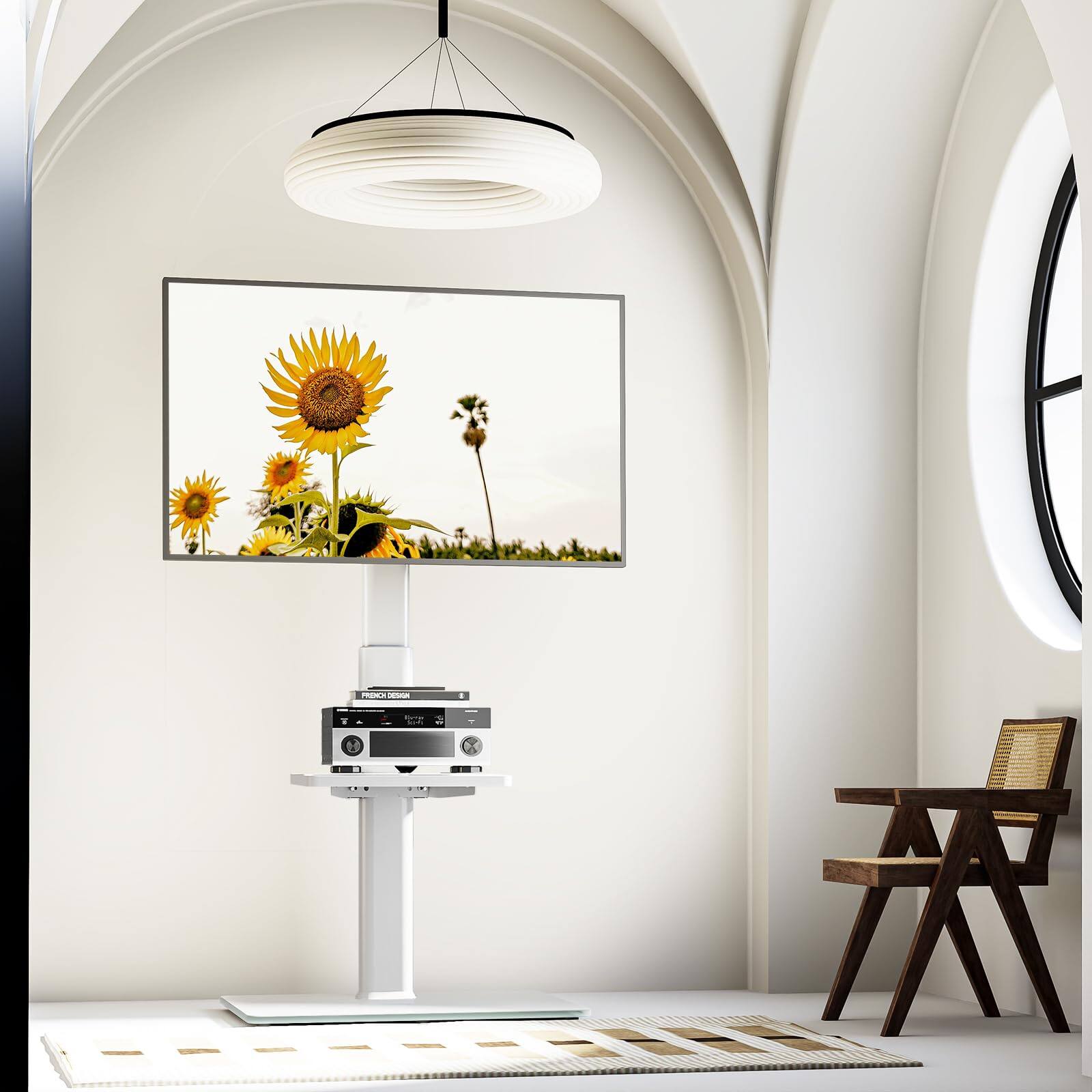 Alt View 6. Refined Abode Design - Universal Floor Tv Stand With Mount 70 Degree Swivel 9 Level Height Adjustable And Space Saving Design For - Black Floor TV Stand with Power Outlet.