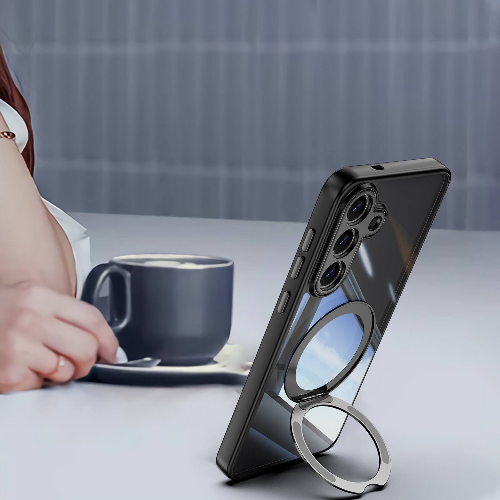 Alt View 3. Dteck - Magnetic Clear Case For Samsung Galaxy S26, Shockproof Anti-Scratch 360° Ring Holder Stand PC+TPU Protection Cover - Black.