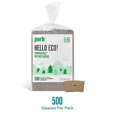 perk HELLO ECO! COMPOSTABLE HOT CUP SLEEVES  
500 Sleeves Per Pack  
500 GESPERS GEAS N GO GREEN  
1/2 TO 3 OZ SIZES