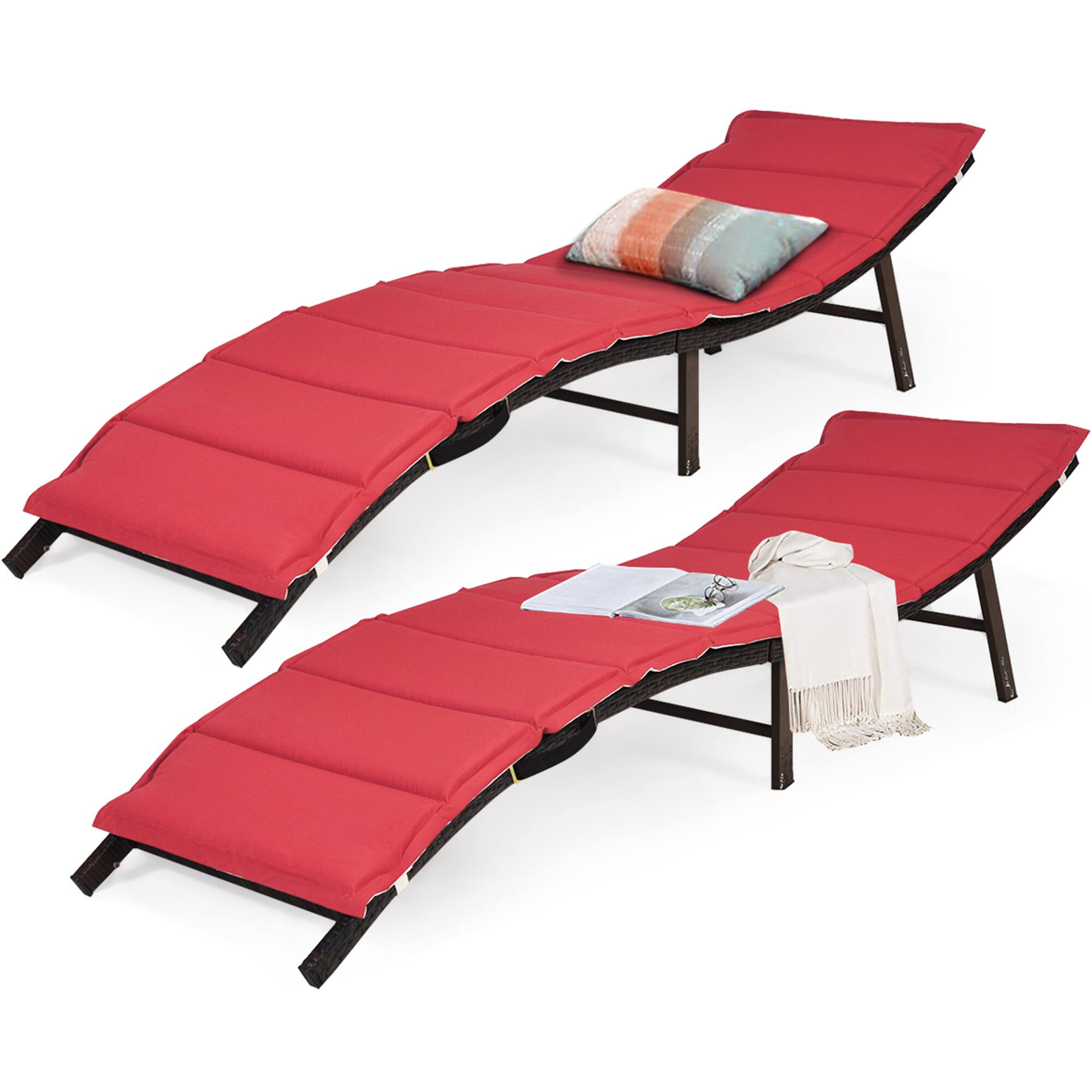 Alt View 11. Costway - 2PCS Patio Rattan Folding Lounge Chair Stackable Double Sided Cushion Outdoor - Red.