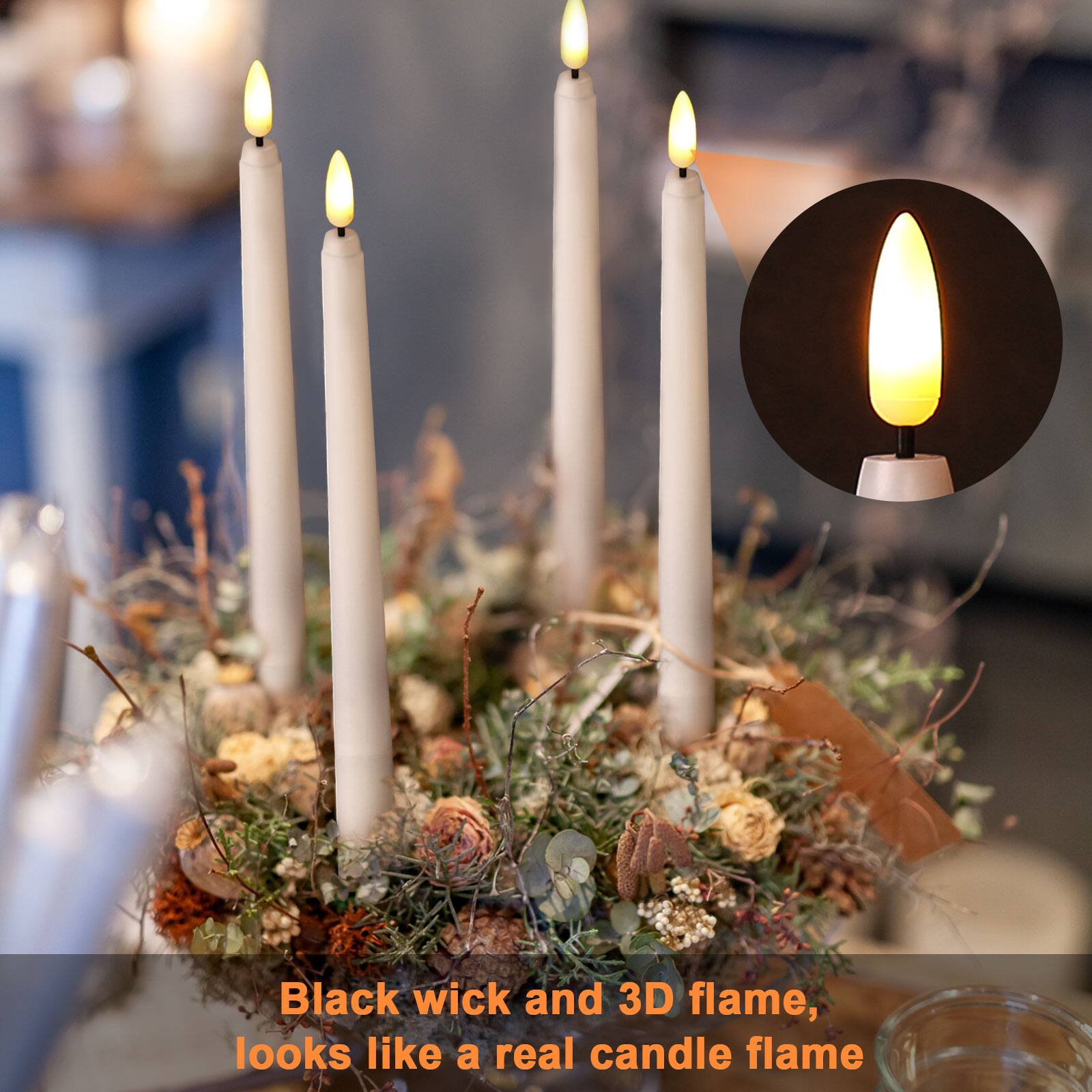 Black wick and 3D flame, looks like a real candle flame