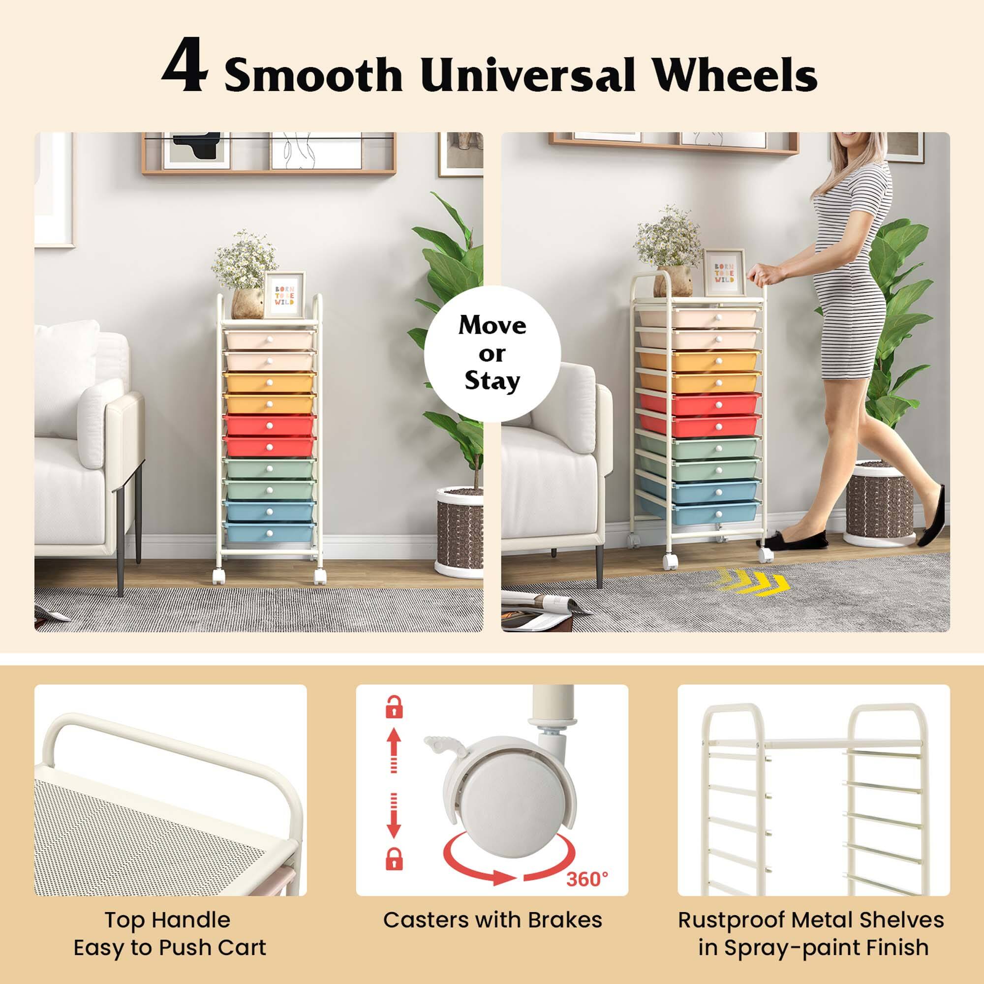 4 Smooth Universal Wheels: Move or Stay a 360 Top Handle Easy to Push Cart Casters with Brakes Rustproof Metal Shelves in Spray-paint Finish