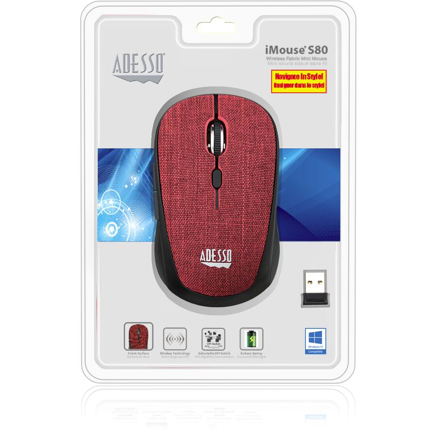 ADESSO

iMouse S80  
Wireless Fabric Mini Mouse  
Mini souris textile sans fil

Navigate In Style  
Have your days in style!

- Fabric Surface  
- Wireless Technology  
- DPI Switch  
- Battery Saving  
- Windows 10 Compatible

- 2.4 GHz Wireless  
- 3000 DPI  
- 10m Range  
- 6 Buttons  
- 12 Months Warranty