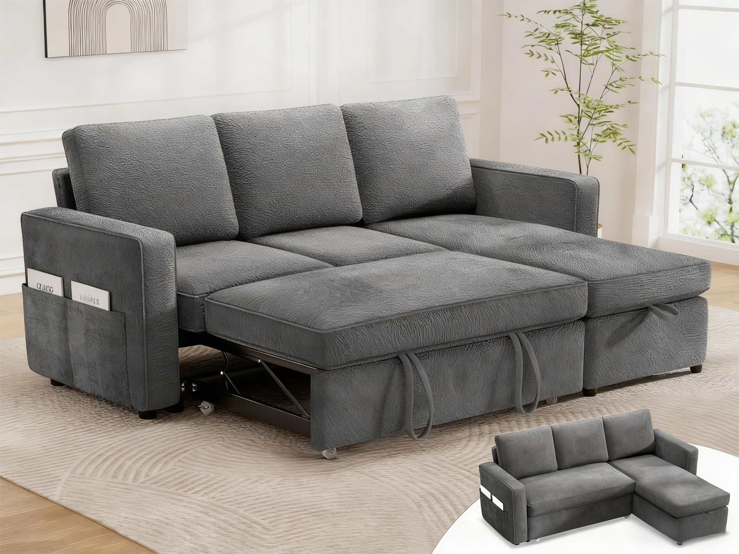 Dyonery - 81-inch multi-functional sofa bed, pull-out sofa, no tool assembly required, with side pockets and storage - Gray