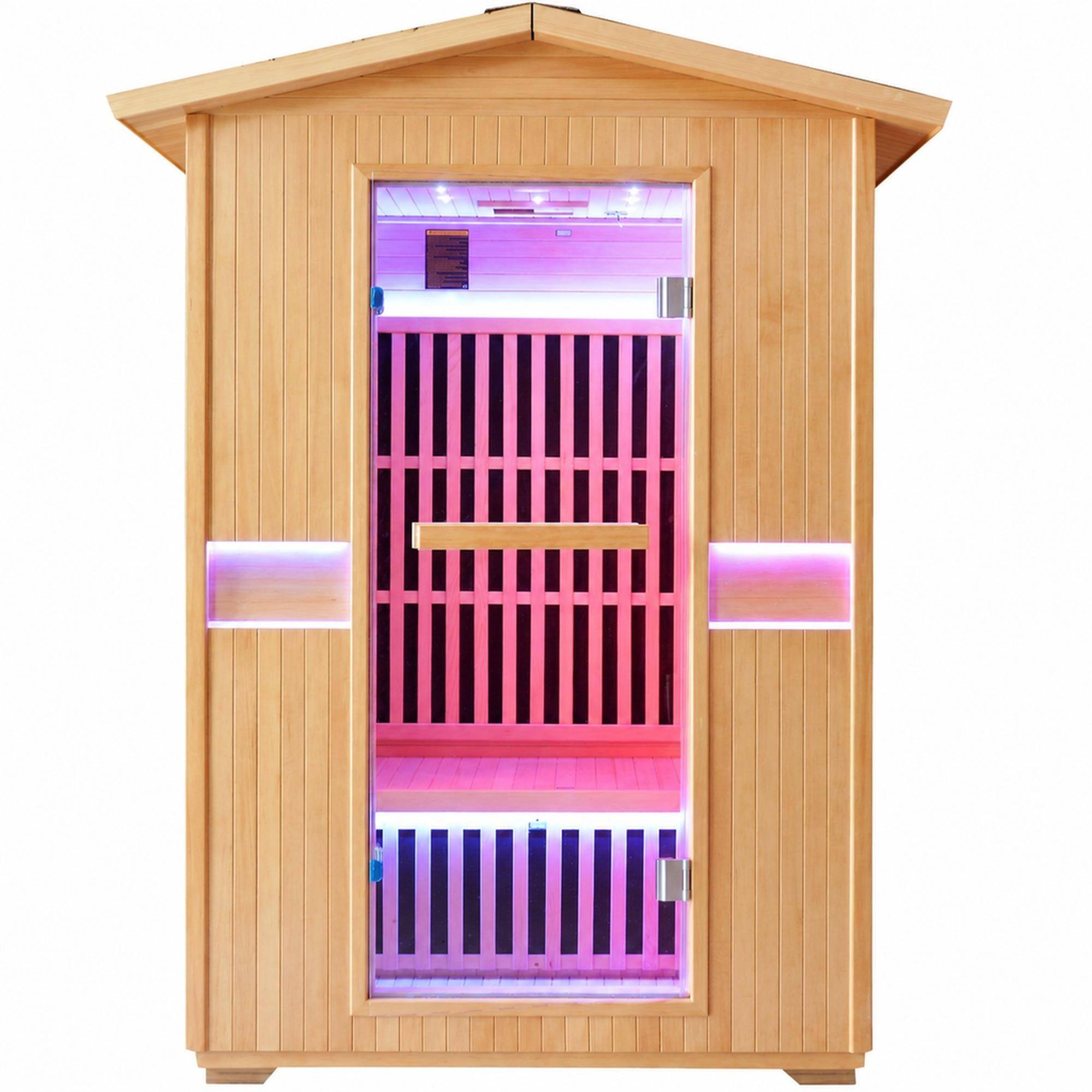 Front. RYHNUYNE - 2000W Canadian Hemlock Double Far Infrared Sauna Room, 8 Heating Plates, 120V, Home Spa - Ameican White Oak.