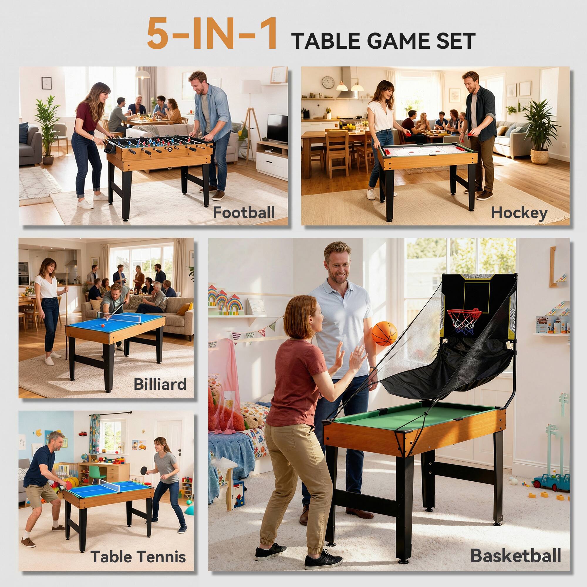 5-IN-1 TABLE GAME SET

Football  
Hockey  
Billiard  
Table Tennis  
Basketball