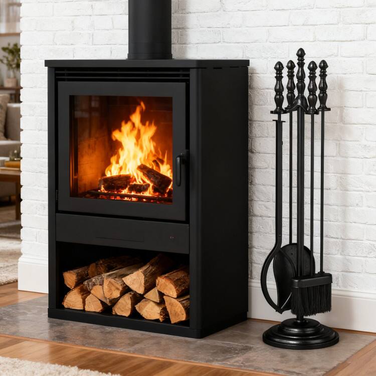 Back. Mondawe - 5-Pieces Fireplace Tool Set with Poker Tongs Brush Shovel and Round Stand - Black.