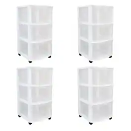 Gracious Living - Classic 3 Drawer Organizer Plastic Storage Cart w/Wheels(4 Pack)