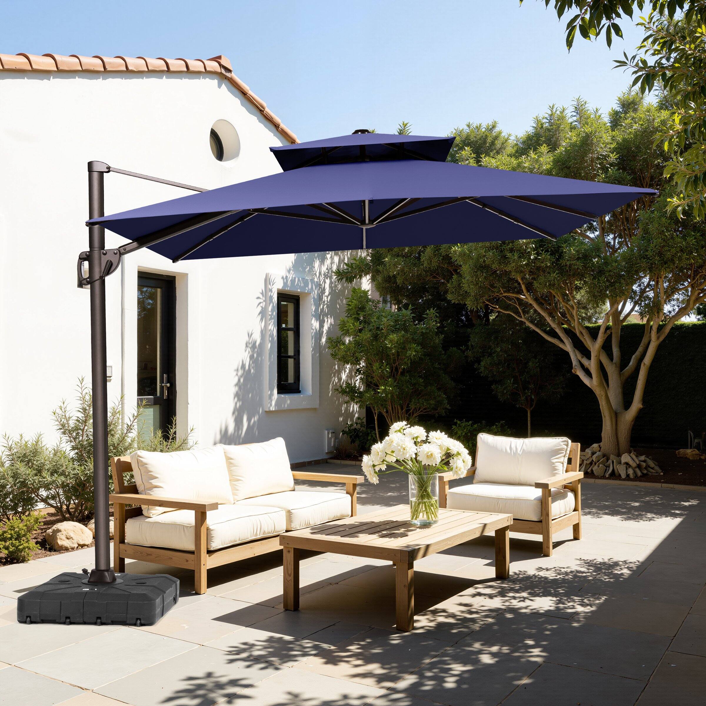 Back. Crestlive Products - Crestlive Products 11ft UPF50+ Aluminum Double Top Slide-tilt Cantilever Patio Umbrella with 350lbs Wheeled Base - Navy blue.