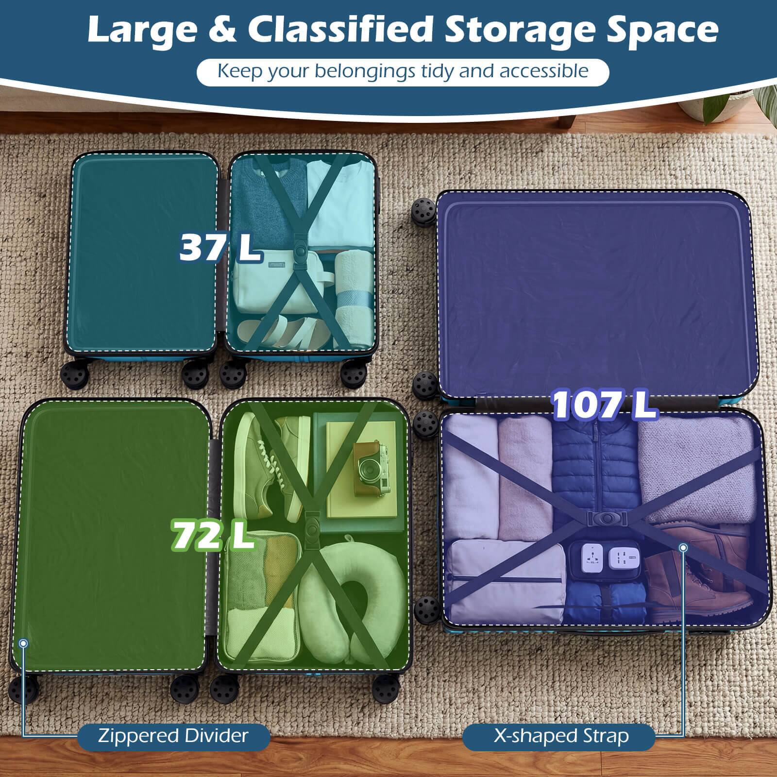 Large & Classified Storage Space  
Keep your belongings tidy and accessible  

37 L  
72 L  
107 L  

Zippered Divider  
X-shaped Strap