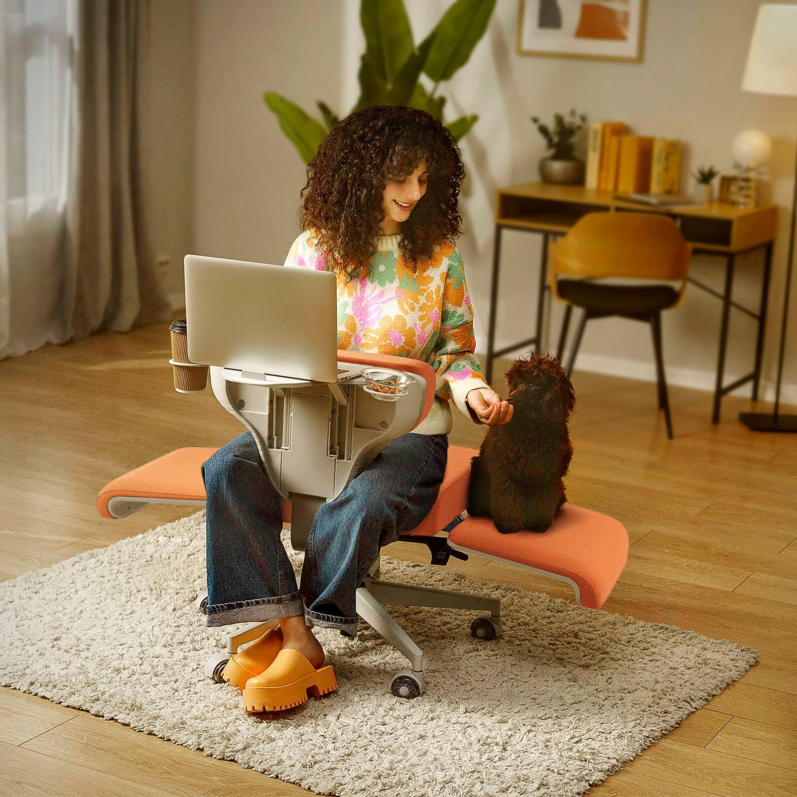 Angle. Newtral - Freedom-X Ergonomic Adjustable Chair w/ Wheels Amrests Laptop Tray, Cross Legged Multi-Position Recliner for Home/Office - Orange .