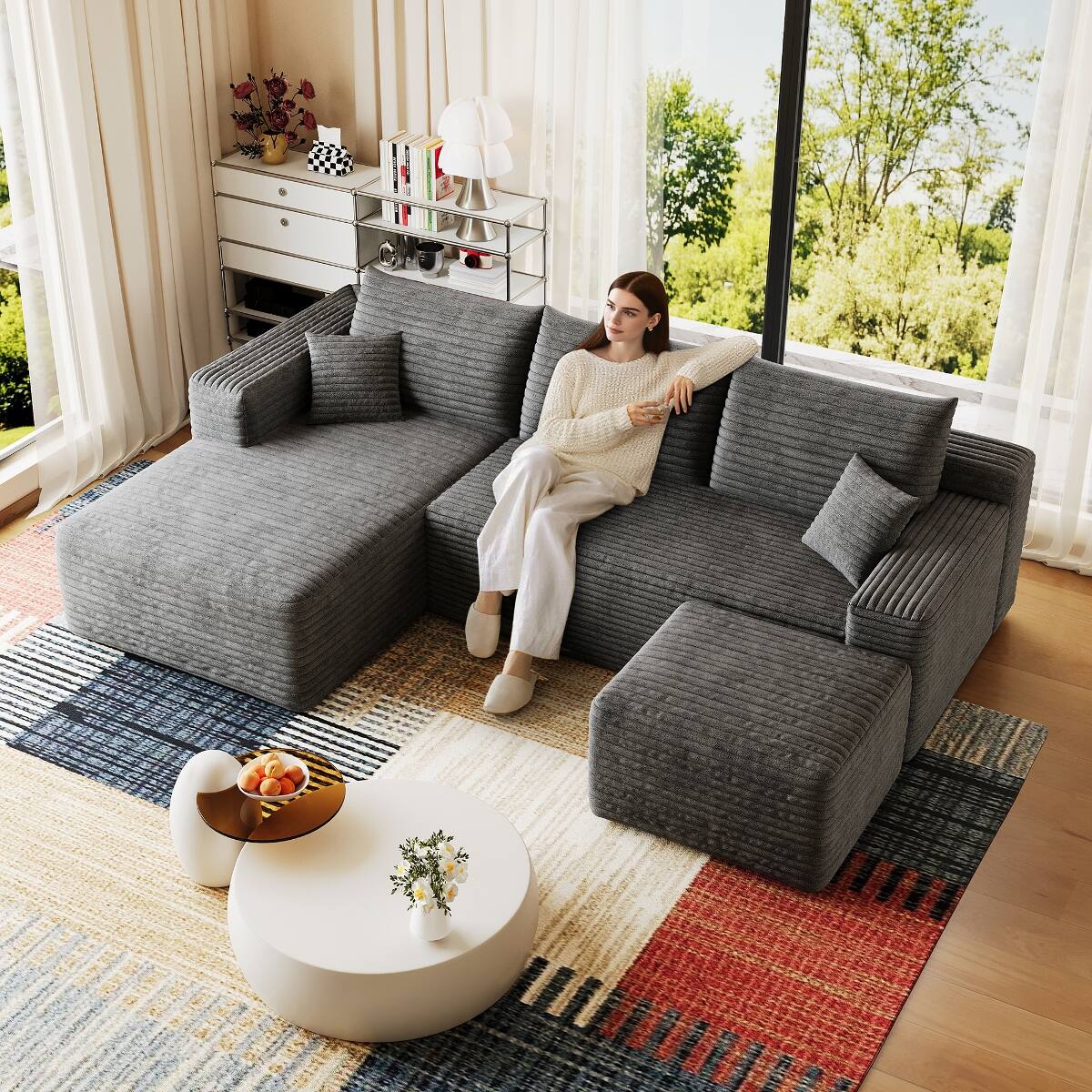 Left. Ropilly - Ropilly 95 Inch U Shaped Sectional Sofa with Ottoman, Modern Minimalist Dark Grey Corduroy Couch - Dark Grey.