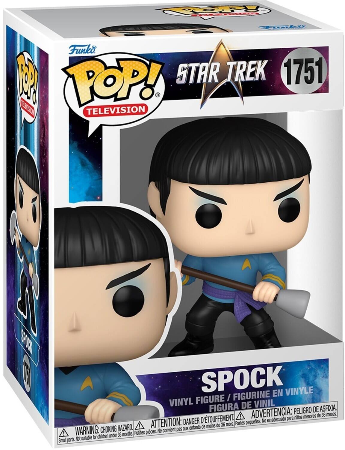 Sure, here is the corrected and grouped text from the image:

---

**Funko POP! TELEVISION**

**STAR TREK 1751**

**SPOCK**

VINYL FIGURE / FIGURINE EN VINYLE / FIGURA DE VINIL

**WARNING: CHOKING HAZARD.** Small parts. Not suitable for children under 36 months.  
**ATTENTION: DANGER D'ÉTOUFFEMENT.** Petites pièces. Ne convient pas aux enfants de moins de 36 mois.  
**ADVERTENCIA: PELIGRO DE ASFIXIA.** Partes pequeñas. No es adecuado para niños menores de 36 meses.

---

This text is organized to reflect the information on the packaging, including the brand, series, character, and safety warnings.