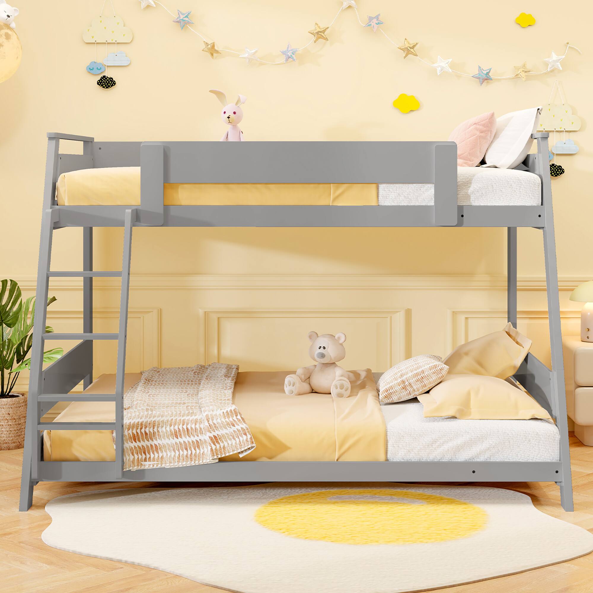 Alt View 4. Gymax - Gymax Twin Over Full Low Bunk Bed Solid Wooden Floor Bunk Bed w/ Reversible Ladder Gray - Gray.