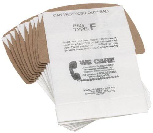 Sure, here is the corrected and grouped text from the image:

---

**CAN VAC® TOSS-OUT® BAG**

**BAG TYPE: F**

Insert on genuine Royal replacement parts to ensure the proper operation of your Royal products. Failure to use genuine Royal parts could void warranty.

---

**WE CARE**

Let us know if you have any questions or concerns about your bag. Call us at 1-800-321-41134 or 855-800-21134. Contact us at 1-800-211-3434.

---

**ROYAL APPLIANCE MFG. CO.**

Cleveland, Ohio 44127-2172

---

**1-800-321-41134**

**855-800-21134**

**1-800-211-3434**

---

**Cleveland, Ohio 44127-2172**