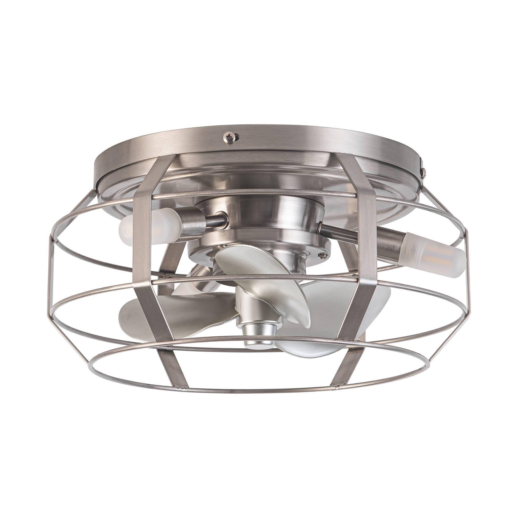 Alt View 4. Parrot Uncle - 12.2" Industrial Metal Caged Flush Mount Ceiling Fan with Light - Nickel.