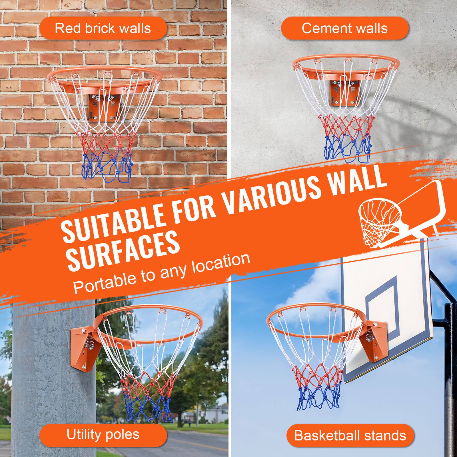 Red brick walls, Cement walls, Utility poles, Basketball stands, Suitable for various wall surfaces, Portable to any location