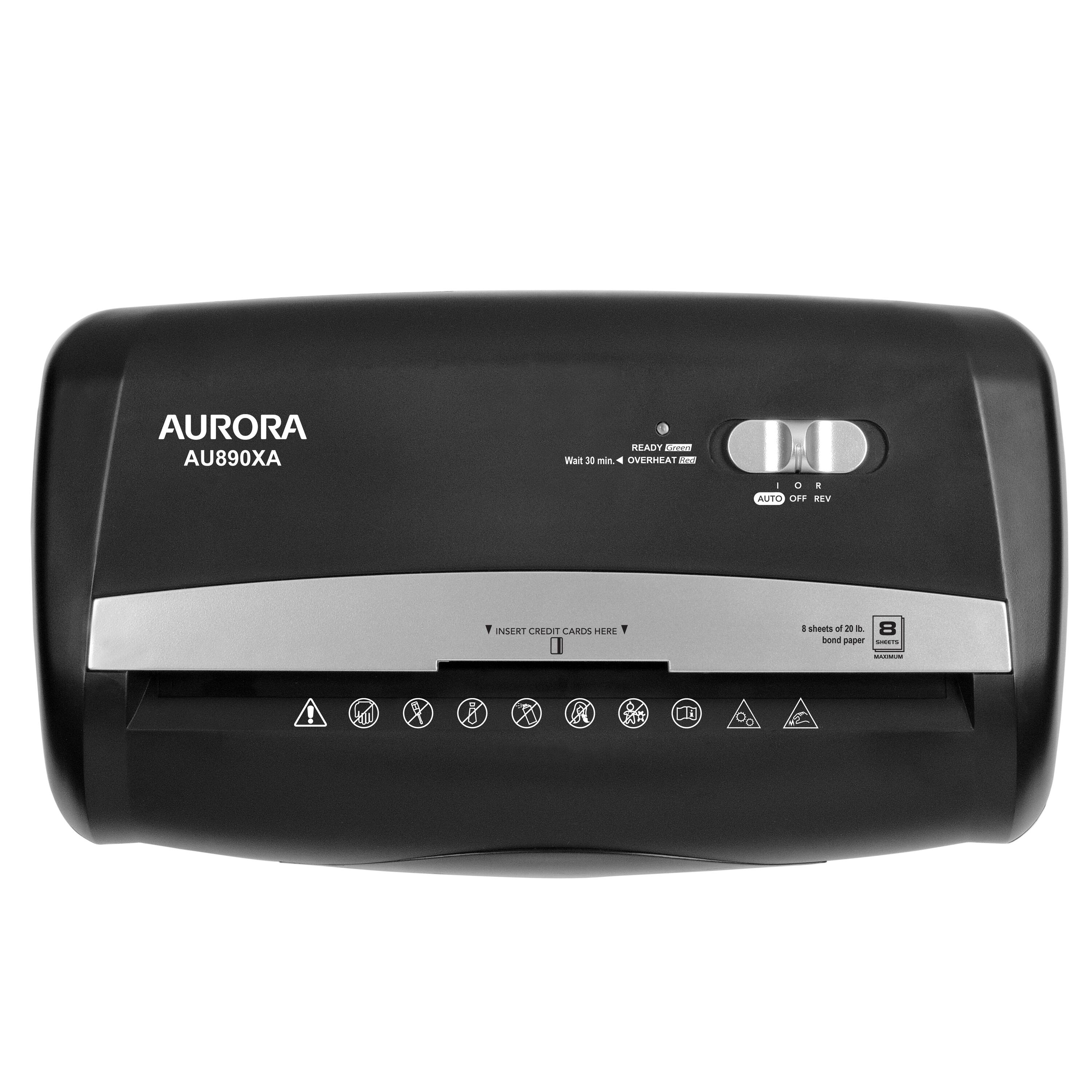 AURORA AU890XA

READY HICCO
Wait 30 min. OVERHEAT
AUTO OFF REV
INSERT CREDIT CARDS HERE

8 sheets of 20 lb. bond paper