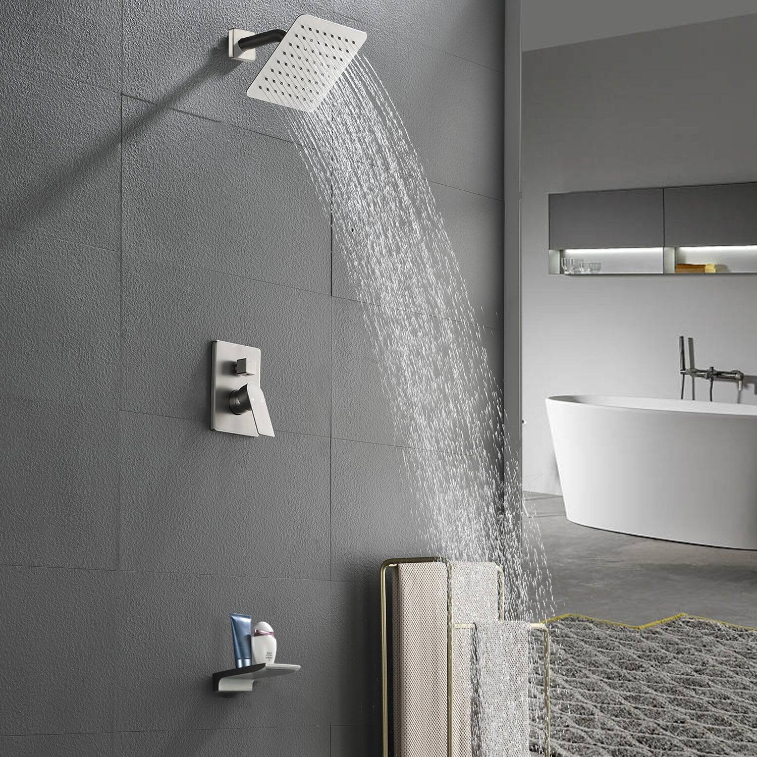 Alt View 3. Boyel Living - Brushed Nickel 2-Function Brass Pressure Balance Valve 8 Inch SUS304 Top Spray Waterfall Spout Dual Water Outlet - Brushed Nickel.