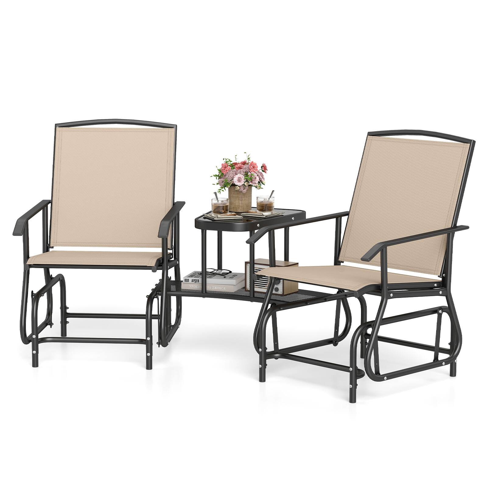 Alt View 1. Costway - Costway 2-Seater Outdoor Bistro Sets Glider Bench with 2-Tier Center Table, Heavy-duty Metal Frame - Beige.