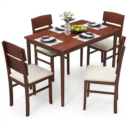 Front. Costway - Costway 5 PCS Dining Table Set for 4 Farmhouse Wooden Table & 4 Upholstered Chairs - Brown.