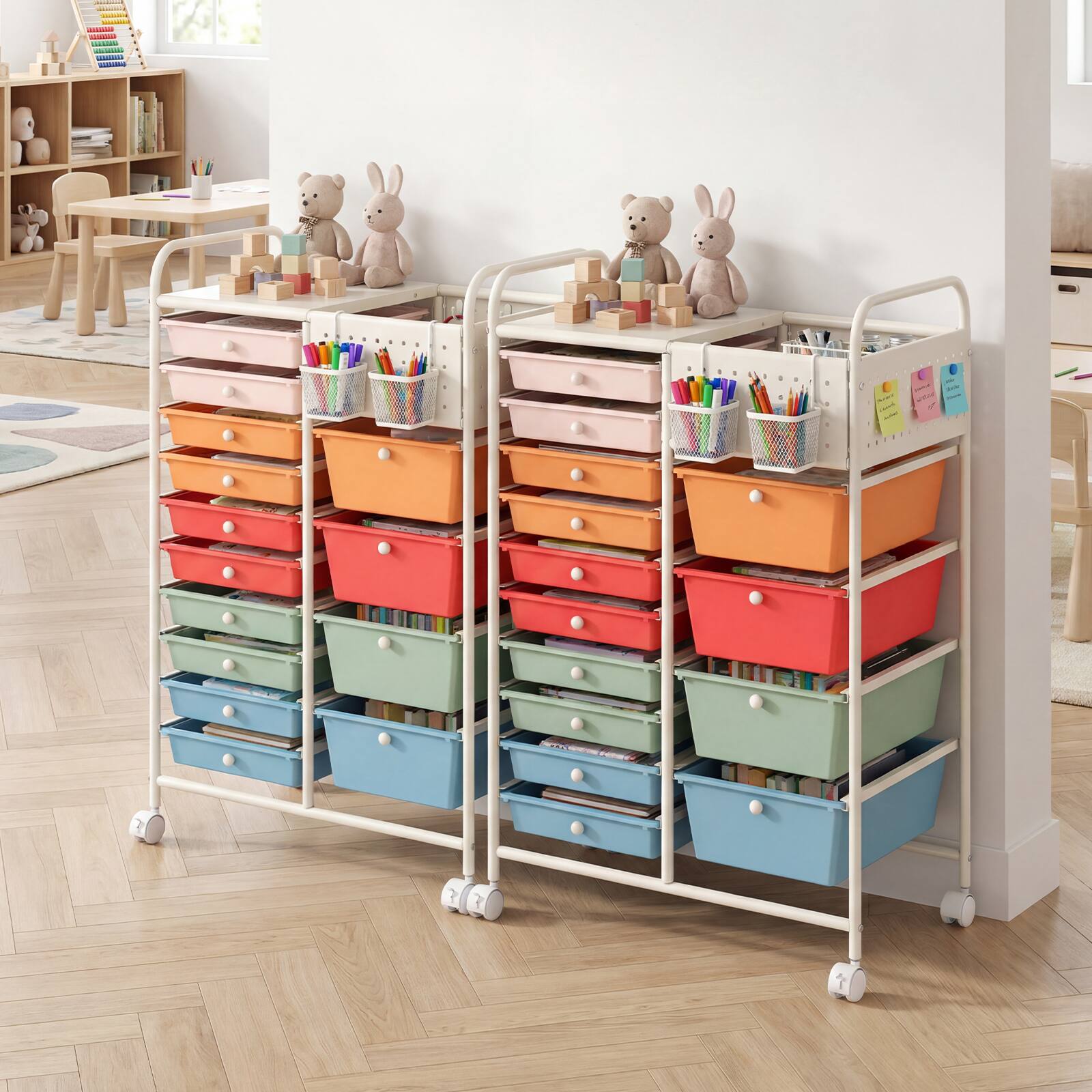 Alt View 3. Costway - Costway 14-Drawer Art & Craft Storage Carts with Pegboard, 2 Locking Brakes, Metal Frame for Home - Macaron+White.