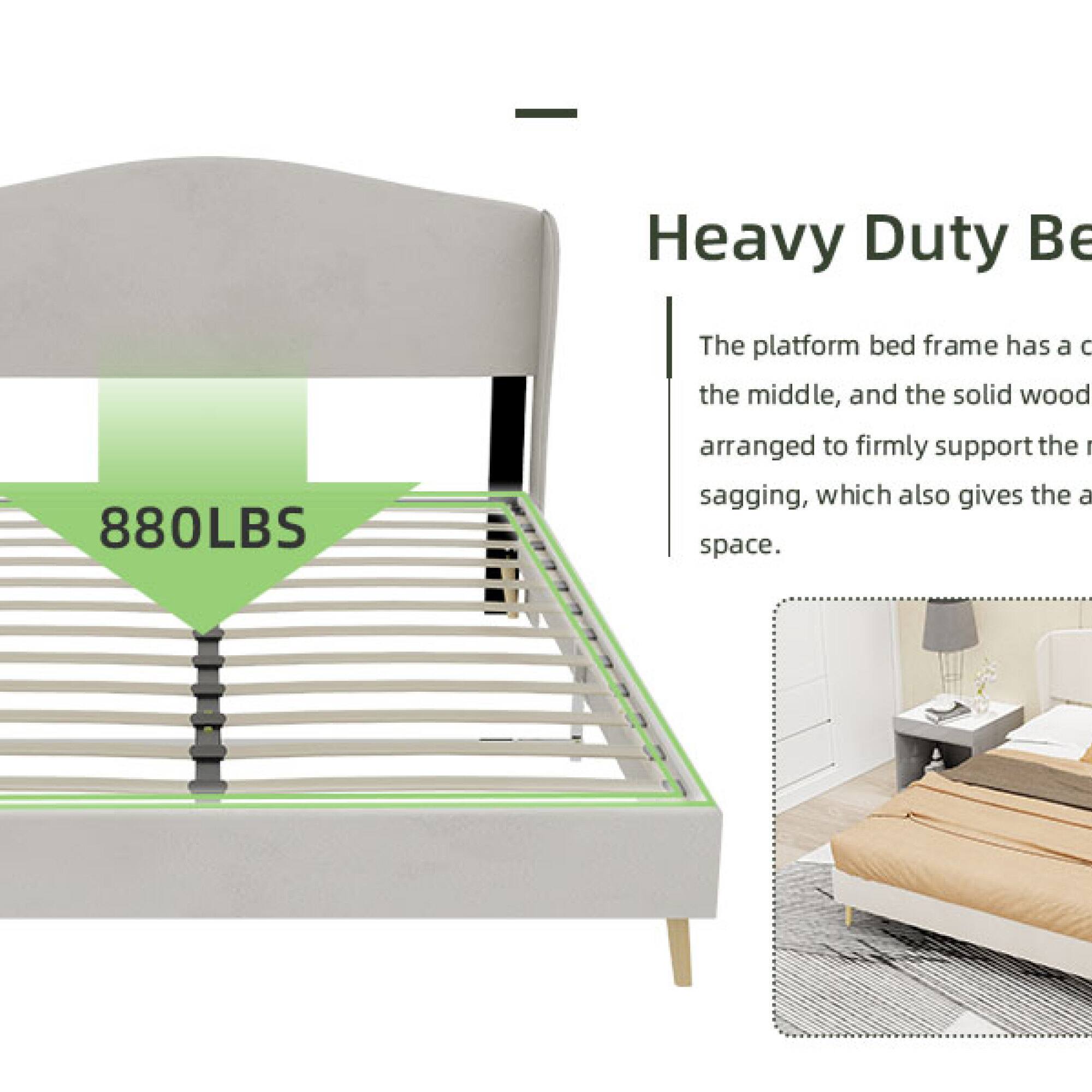 Heavy Duty Bed 880LBS

The platform bed frame has a central support, and the solid wood is arranged to firmly support the frame, preventing sagging, which also gives the bed a space.